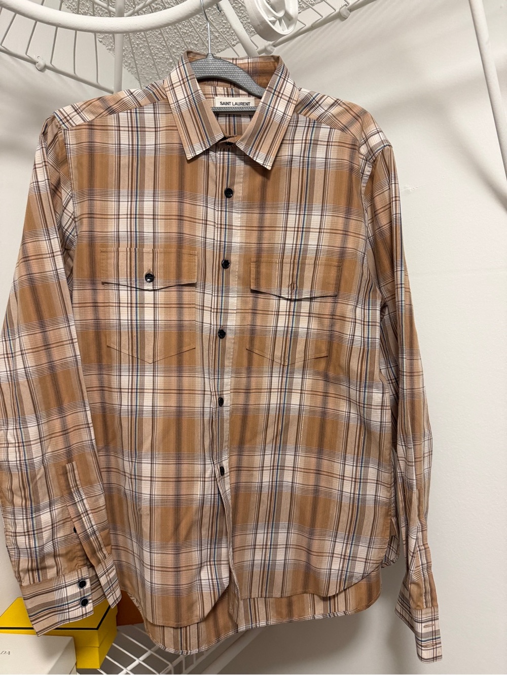 Saint Laurent Paris Authentic Tan and White Plaid Button-Down Shirt